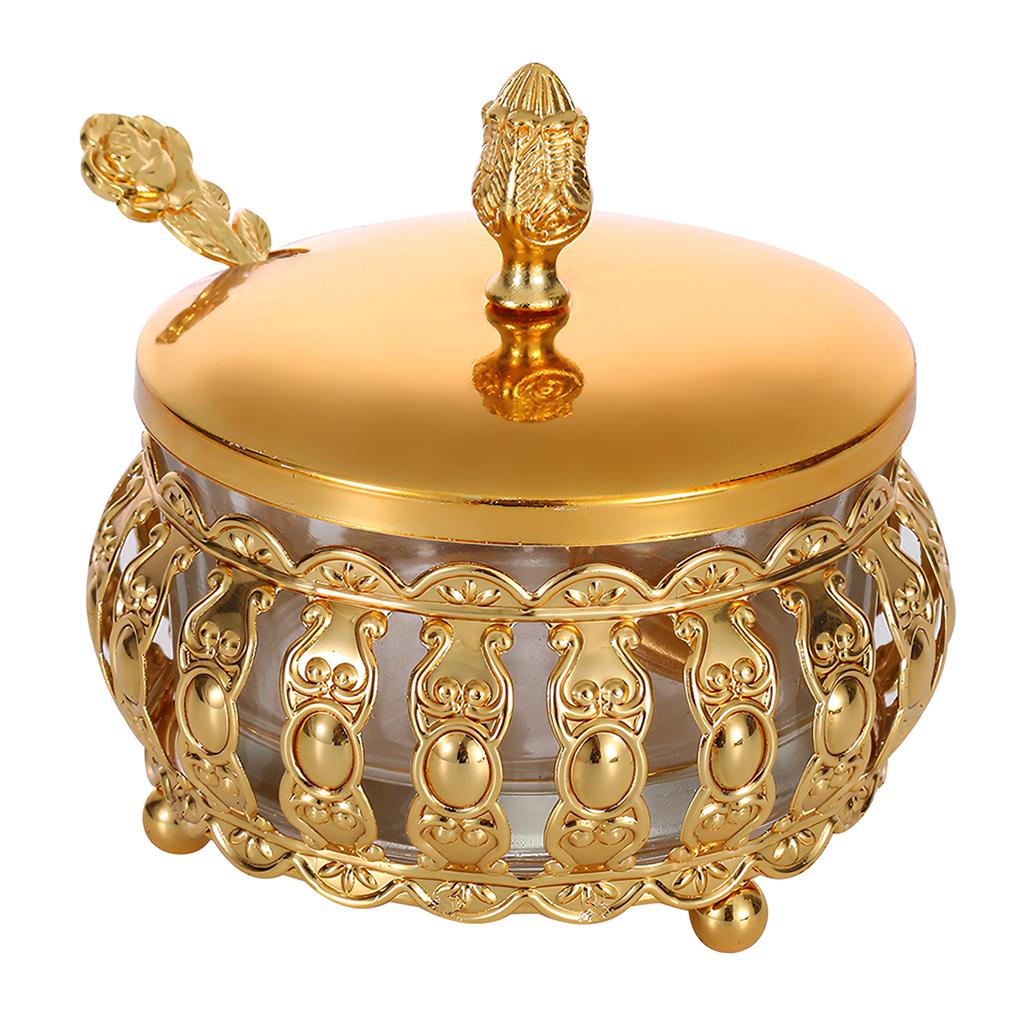 Decorative Hollow Out Iron Sugar Bowl With Clear Glass Canister and Spoon Multiuse Spices Jar For Storing Dry Ingredient