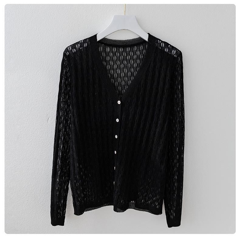 

V-образный вырез, внешний, шелковый трикотажный кардиган, женский, новый, свободный, большого размера, солнцезащитная рубашка, тонкий вырез, ажурный топ-шаль 3XL чёрный