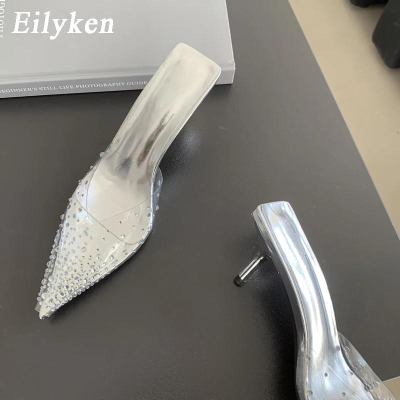 Fashion Eilyken Summer Gold Silver Women Slipper Fashion CRYSTAL Pointed Toe  Slip On Mules Thin High Heel Ladies Pumps Sandals