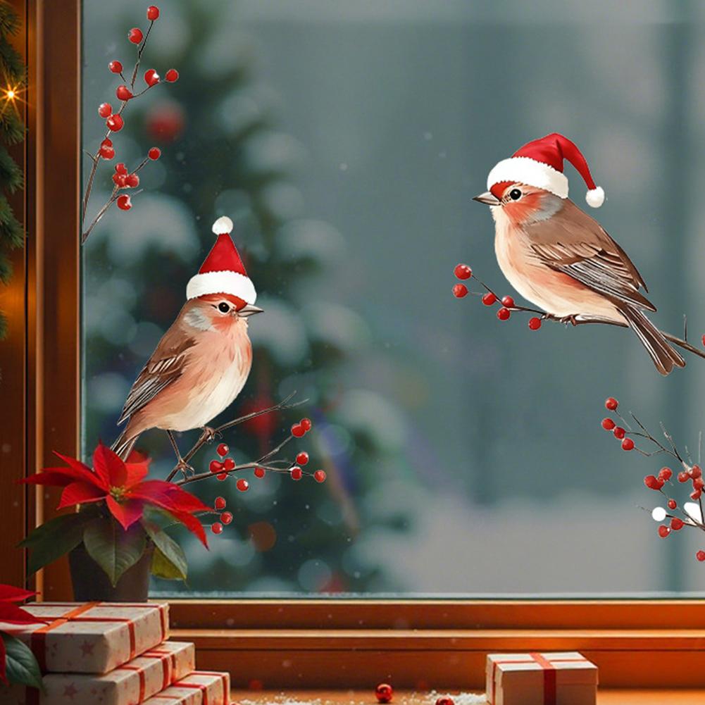 Christmas Bird Window StickersSanta Hat Bird Xmas Decor Reusable Decals For Home Glass Door Party Festival New Year Decorat F3T7