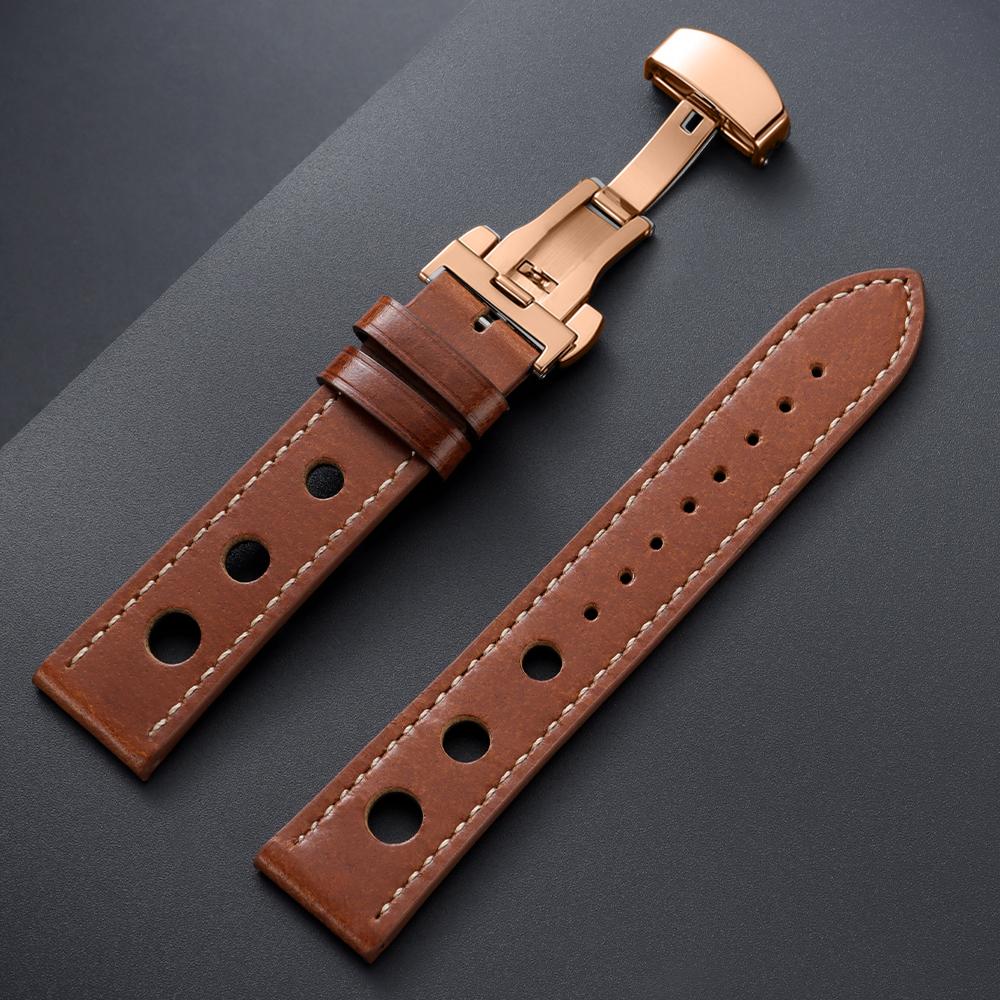 Genuine Cowhide Watchband for Omega Business Watch Band for Seiko 20mm 22mm Butterfly Buckle Stitching Brown Strap for Men Women
