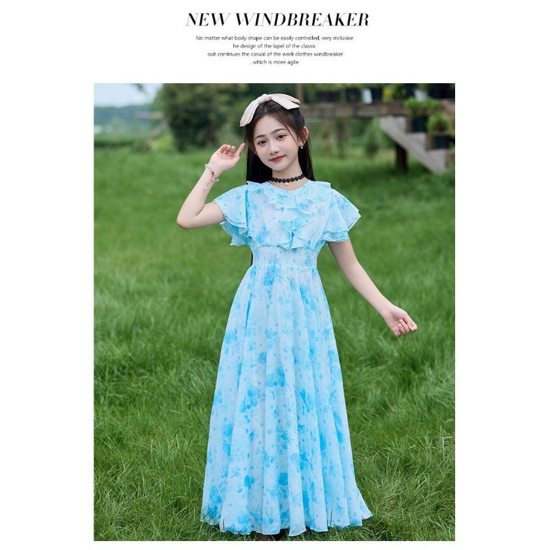Mädchen Sommerkleid mit Blumenprint, Prinzessinnenstil, kurzärmelig, A-Linie, für größere Kinder