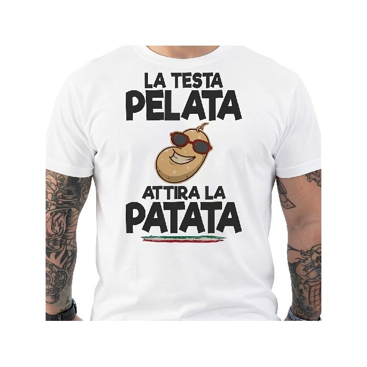 Men'S Italian Slogan T-Shirt "The Bald Head Attracts Potatoes" Back Print - Funny Italian Phrase Gift Suitable For Informal Wear & Italian Learning,