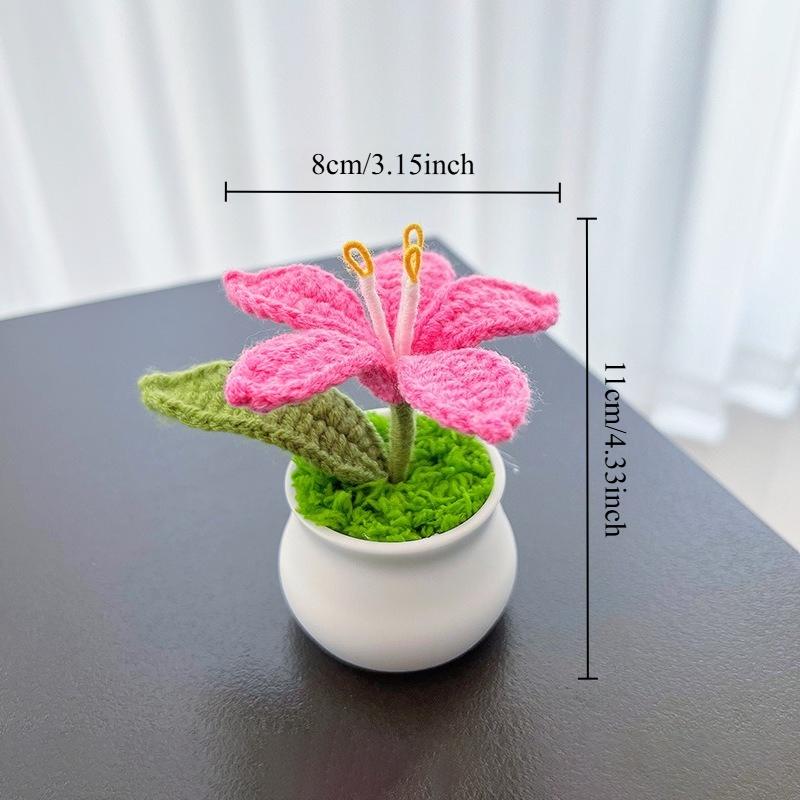 Handmade Crochet Lily Potted Plant, Knitted Pink Lily Flower in Mini Pot, Desk Decor, Unique Gift for Mom, Home Office Ornament