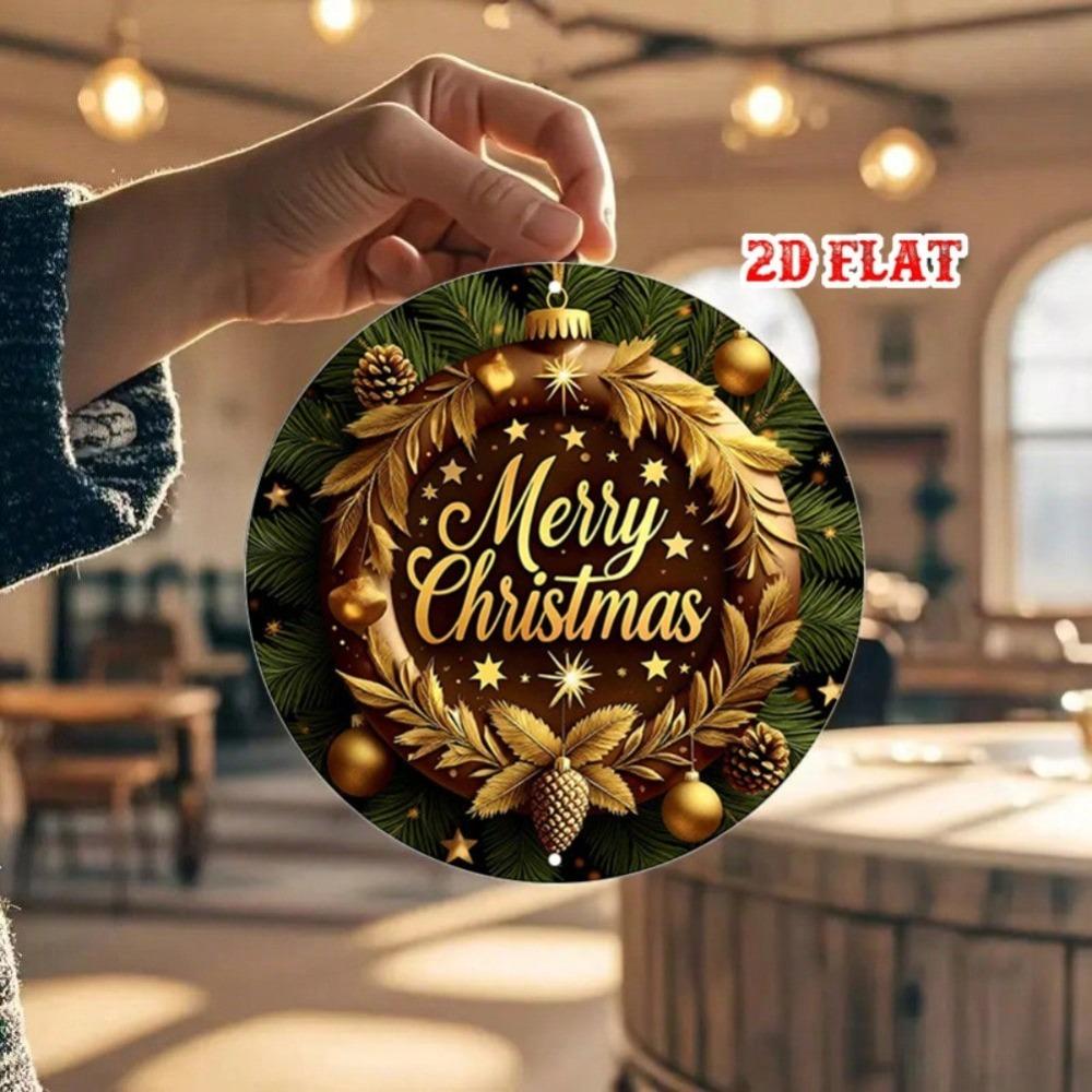 Golden Christmas Wreath Metal Wall Decor Rustic Holiday Sign with Pine Branches Stars Durable Indoor Outdoor Hanging