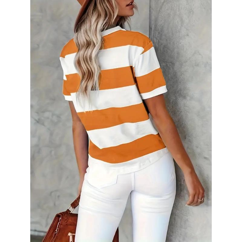 Short Sleeve Striped T-Shirt, Crew Neck Casual Top For Summer & Spring, Women's Clothing
