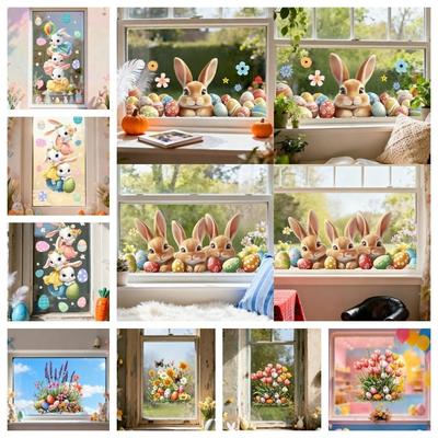 New Easter Flower Rabbit Sticker Self-Adhesive Waterproof Festival Party Sticker PVC Removable Wall Stickers Wall Decoration