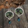 Vintage Round Black Cat Earrings for Women Ethnic Antique Copper Color Painting Green Leaves Blauwe Parel Dangle Earrings