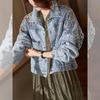 Women's Light Blue Denim Jacket with Silver Sequins and Floral Print Dress