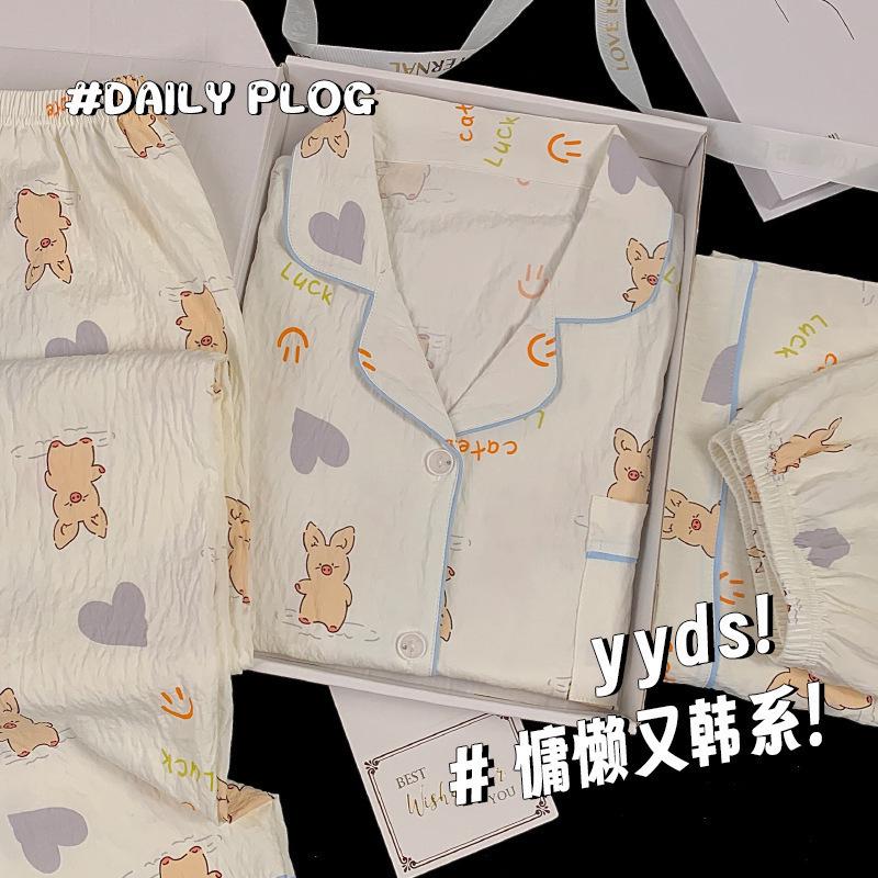 Sommerlicher Pyjama aus Baumwolle mit Blumenmuster: Dreiteiliges Kurzarm-Set im japanischen Stil für Damen – süße Homewear im Stil der Internet-Prominenten.