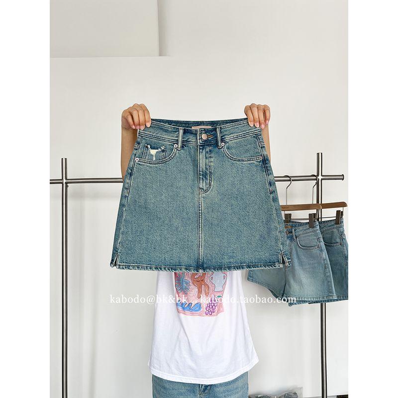 

Khaki 01303 Denim Skirt Women s Kabodo Summer Skirt Thin Slimming High-Waist Blue Slit A- line Skirt Blue S