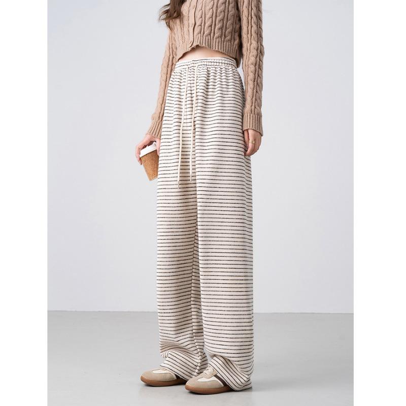 

Новые ленивые полосатые брюки с широкими штанинами женские осенние на шнуровке с эластичной талией свободные и облегающие повседневные прямые брюки для уборки пола L бежевый