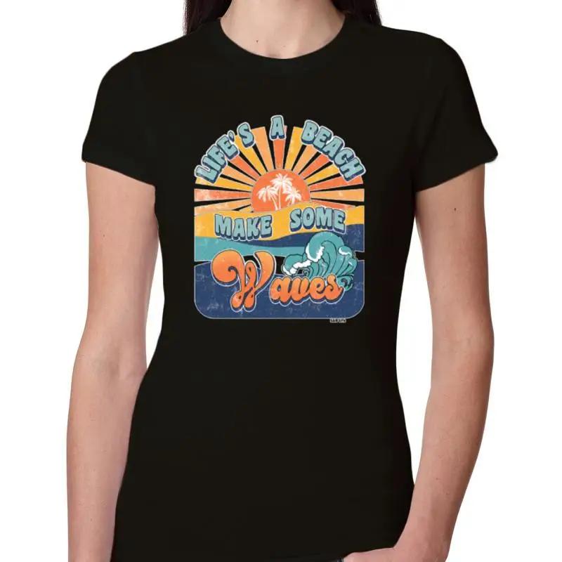 Vintage Lifes A Beach Make Some Waves Distress Women Slim Fit Junior T Shirt