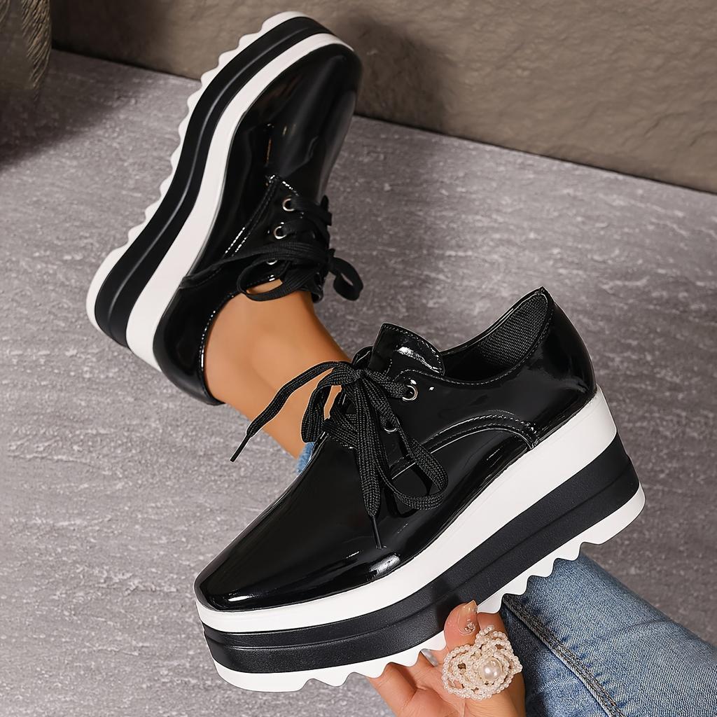 Scarpe con Plateau e Punta Quadrata Stile Britannico per Donna Suola Spessa Rialzanti Snella Antiscivolo Leggere Scarpe All-Match con Lacci