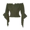 Women Vintage Off Shoulder Blouse Tie Front Mid Sleeve Casual Top Elastic Waist Ruffle Hem Shirt