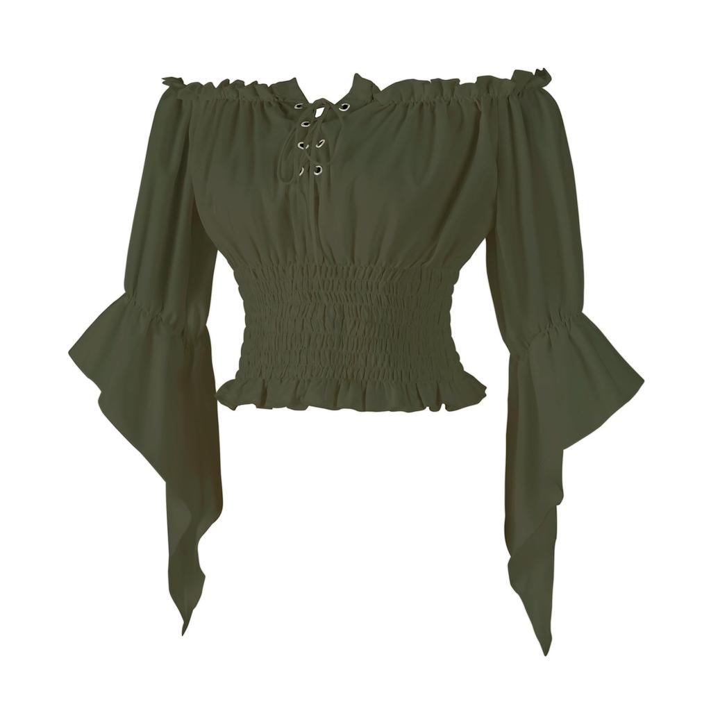 Women Vintage Off Shoulder Blouse Tie Front Mid Sleeve Casual Top Elastic Waist Ruffle Hem Shirt