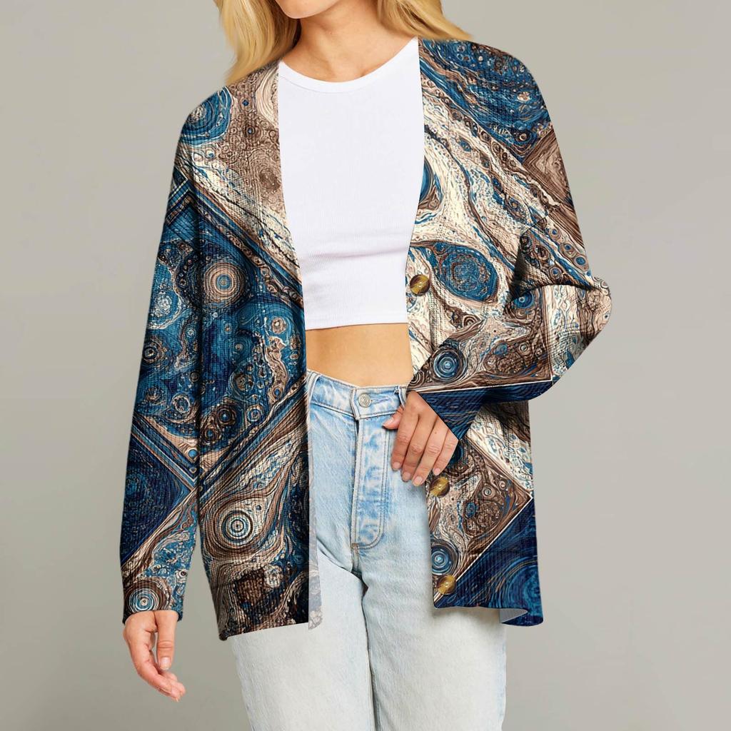 Women's Fashion Long Sleeve Christmas Print V-Neck Button Loose Cardigan Top