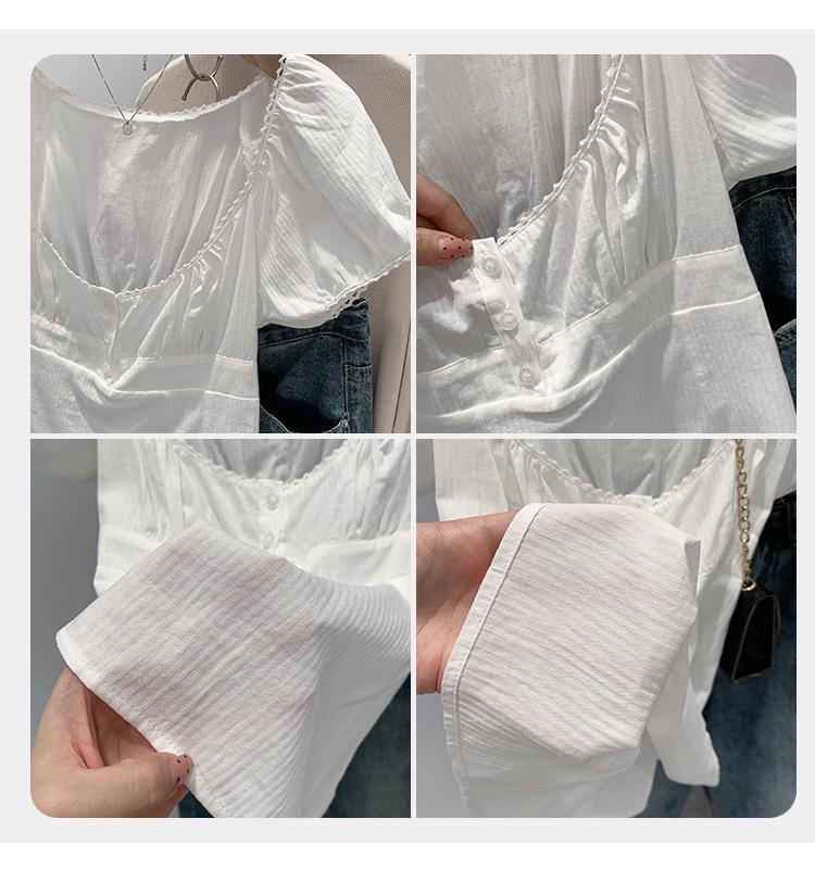 Chic French White Short-Sleeve Bubble Collar Top for Women