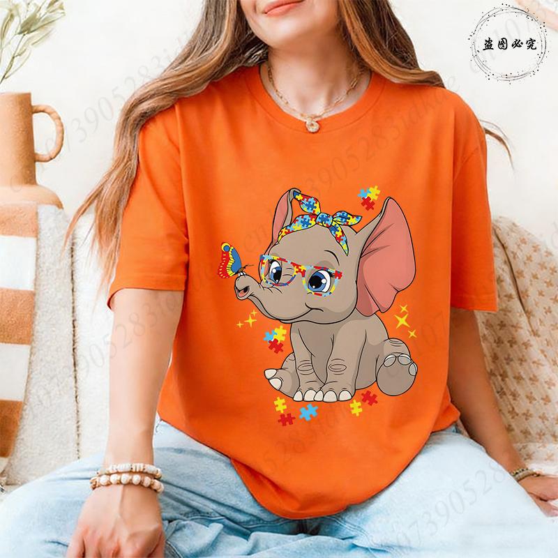 Unisex's Autism Awareness T-shirts: Cute Elephant Puzzle Graphic Tops Walking A Different Path Short Sleeve Autism Support Tees