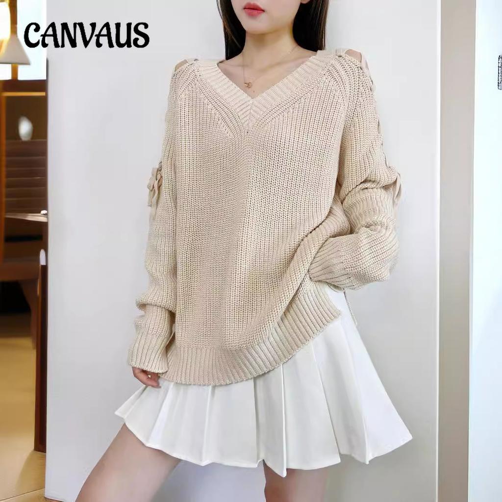 Autumn and Winter Women's Solid Color Strapless Long-sleeved Knit Sweater V-neck Pullover Breathable Loose Sweater Bottoming Shirt Fashion Tops