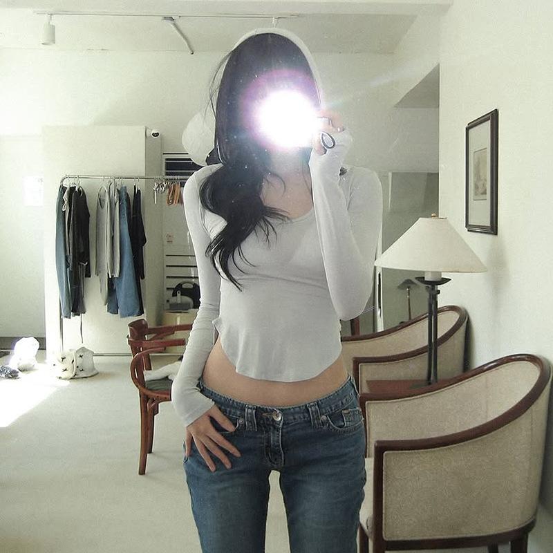 Fashion Autumn New Women's Clothing Sexy Pure Desire U-neck Long-sleeved Perspective Tight Body T-shirt Top
