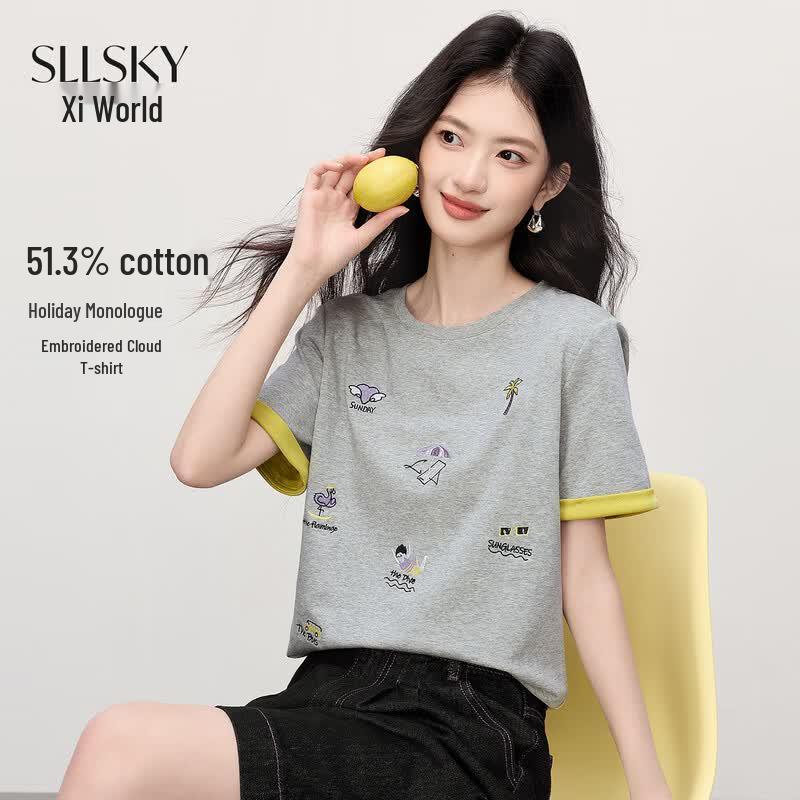 Sllsky Women s Holiday Style Embroidered Short Sleeve T-Shirt M