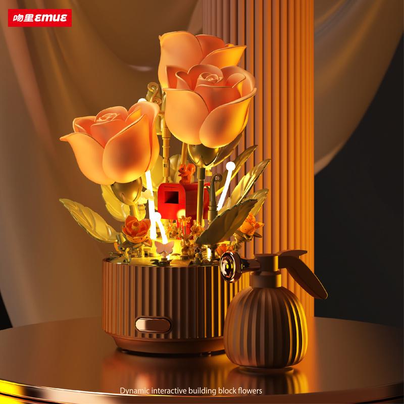 Romantic Kiss Eternal Flower Building Blocks Electric Rose Bouquet Blooming Garden With Simulated Watering Function