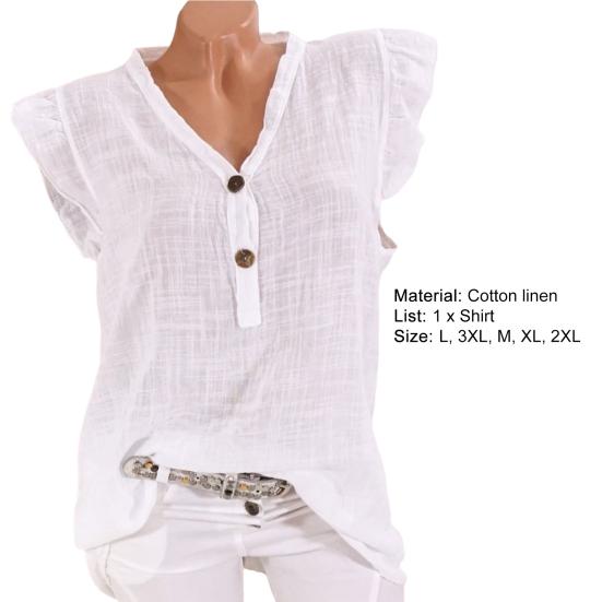 Women Blouse Ruffled Sleeve Loose V Neck Casual Cotton And Linen