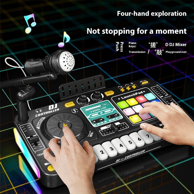Kids Rechargeable DJ Mixer With Karaoke Microphones Multifunctional Music Creation Toy For Aspirings DJs