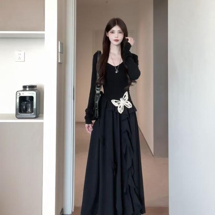 Hepburn temperament black long-sleeved dress children's early autumn new small irregular waist dress