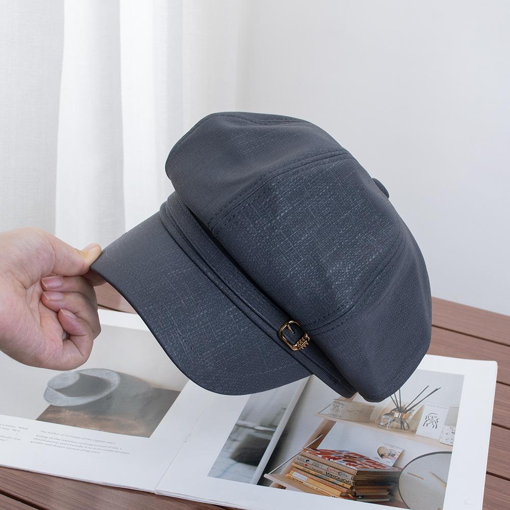 British Style Metal Buckle PU Octagonal Hat Children's Retro Trend Beret Showing Face Small Fashion Versatile Newsboy Hat