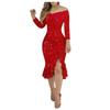 Women's Casual Sexy Solid Color One-Line Neck Ruffle Slit Sequin Dress