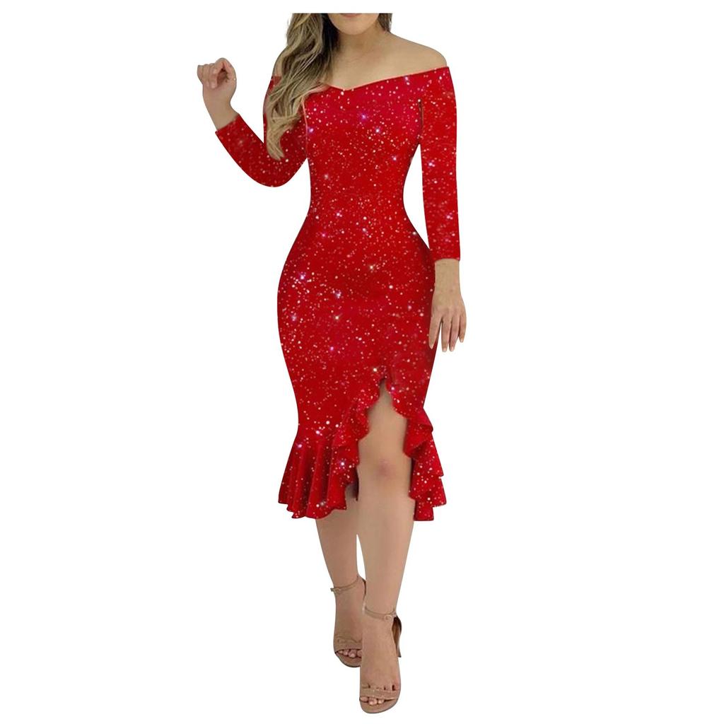 Women's Casual Sexy Solid Color One-Line Neck Ruffle Slit Sequin Dress