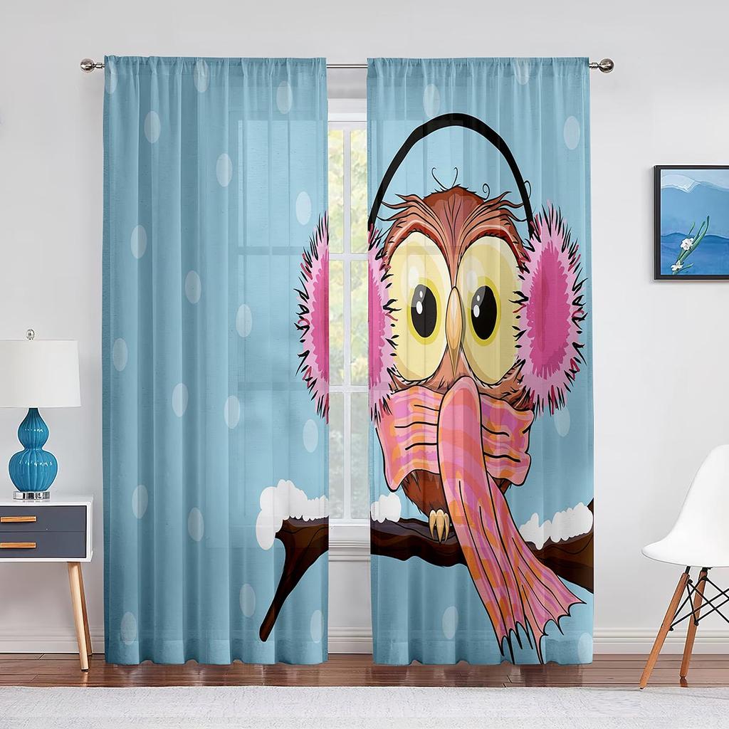 Cartoon Bunte Eulen Sitzen auf Ast Tüll Transparente Fenstervorhänge für Wohnzimmer Schlafzimmer Modern Tüll Voile Vorhänge Dekor