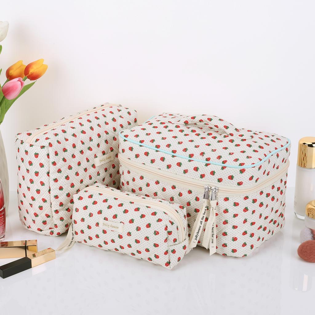 3Pcs Travel Makeup Pouch with Zipper Quilted Toiletry Bag Cute Makeup Organizer Storage Bag Large Capacity for Women and Girls