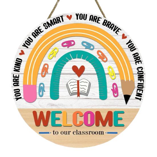 huaqianguhh Wooden Welcome Sign for Classroom Door, to Our Round Hanger, Front Door Hanging Sign, Back School Preschool Decoration