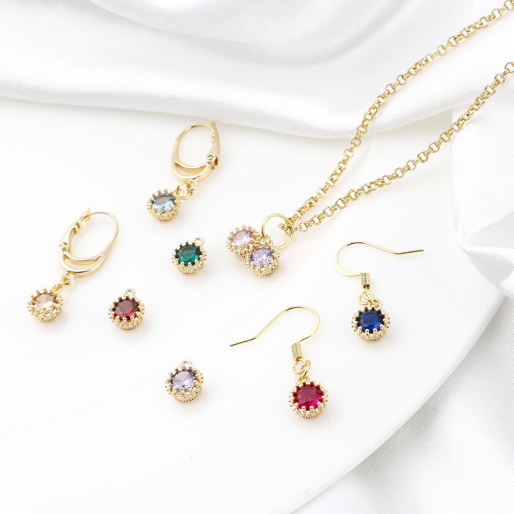 2 Piece Copper Birthstone Charms Round Multicolor Cubic Zirconia Gold Color Metal Pendants DIY Making Earrings Jewelry 9mm x 7mm