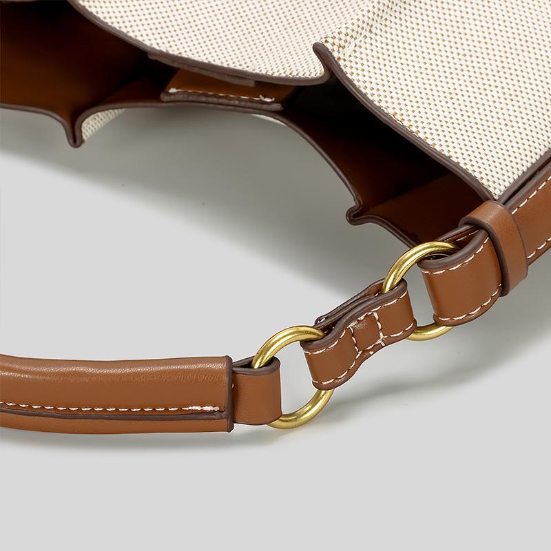 Fashion Panelled Canvas Bucket Bag Designer Women Handbags Luxury Pu Leather Shoulder Crossbody Bags with Wide Strap Tote Purses
