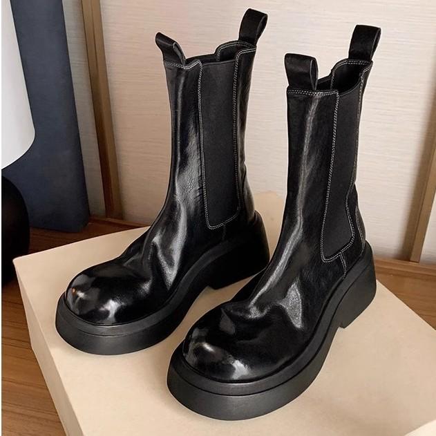 Grape Mom Western Chelsea Cigarette Boots Women's Retro Washed Medium Tube Elastic Boots Small Thick-soled Height Boots