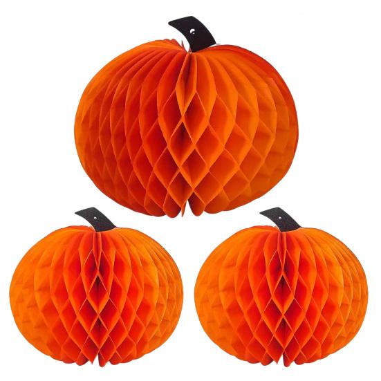 Halloween Pumpkin Decorations 3 Pcs Paper Honeycomb Centerpieces for Tables, 3D Festive Holiday Hanging Party Thanksgiving Fall Festival