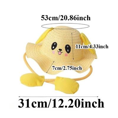 Kids Anti-UV Straw Sun Hat with Moving Rabbit Ear Cute Bunny Fisherman Hat Summer Beach Cap Wide Brim Sun Hat for Girls Boys
