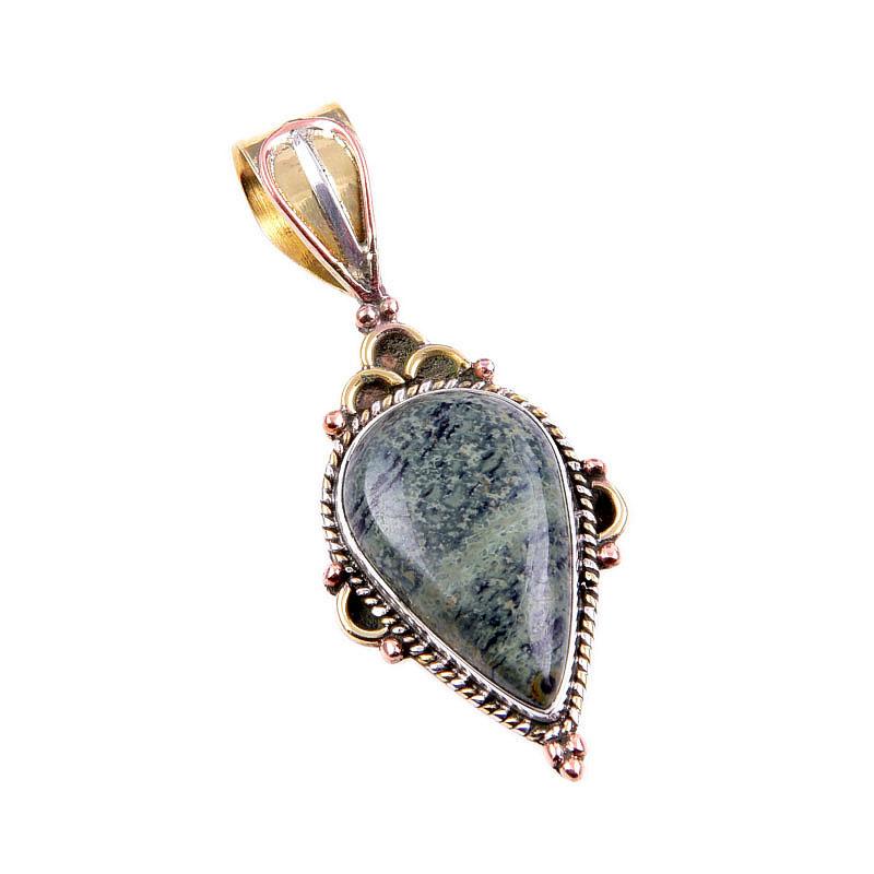 Natural Green Pietersite Gemstone 925 Solid Silver Two Tone Pendant 1.5" W4s00