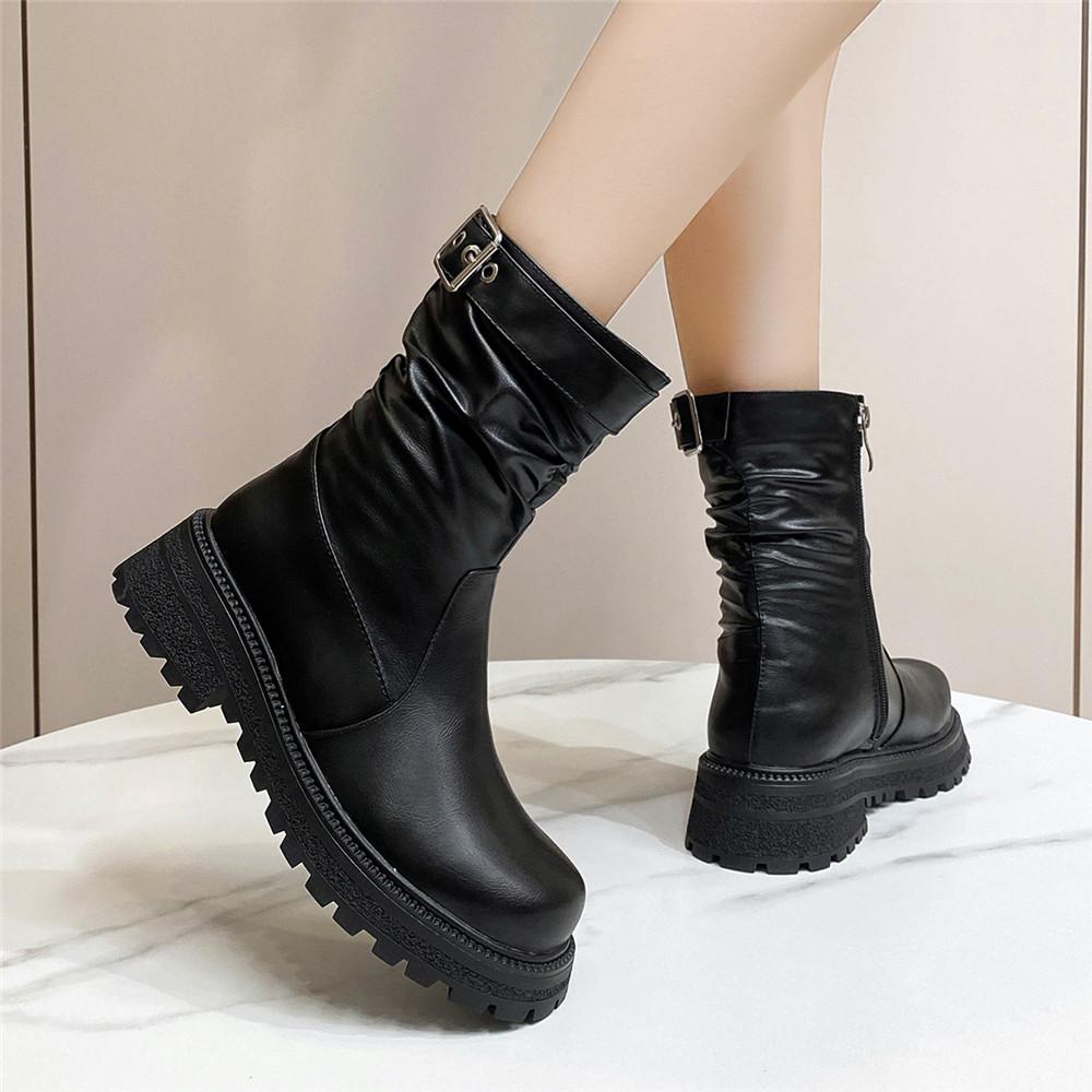 Fashion Women's Platform Chelsea Boots PU Leather New Autumn Winter Fashion Ankle Boots Retro Pleated Marton Boots Ladies Zapatos Mujer