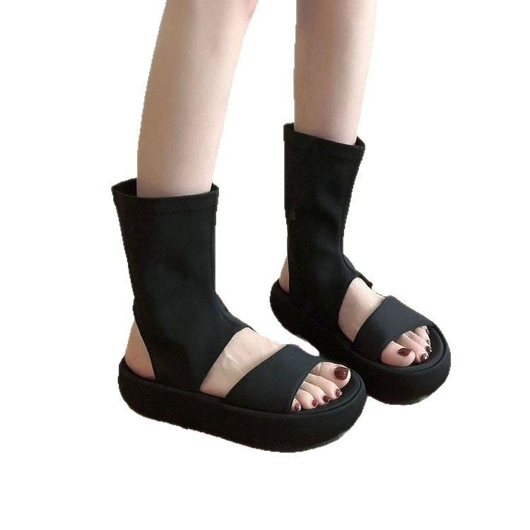 Thick-soled Roman cool boots 2025 new small summer fashion open-toed thin boots hollow short boots super soft height increase