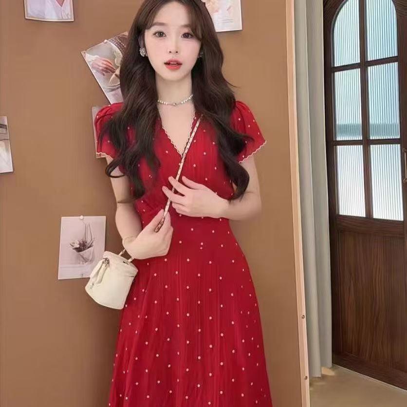 Sweet Red Polka Dot Puff Sleeve V-Neck A-Line Dress - High Waist, Summer Style