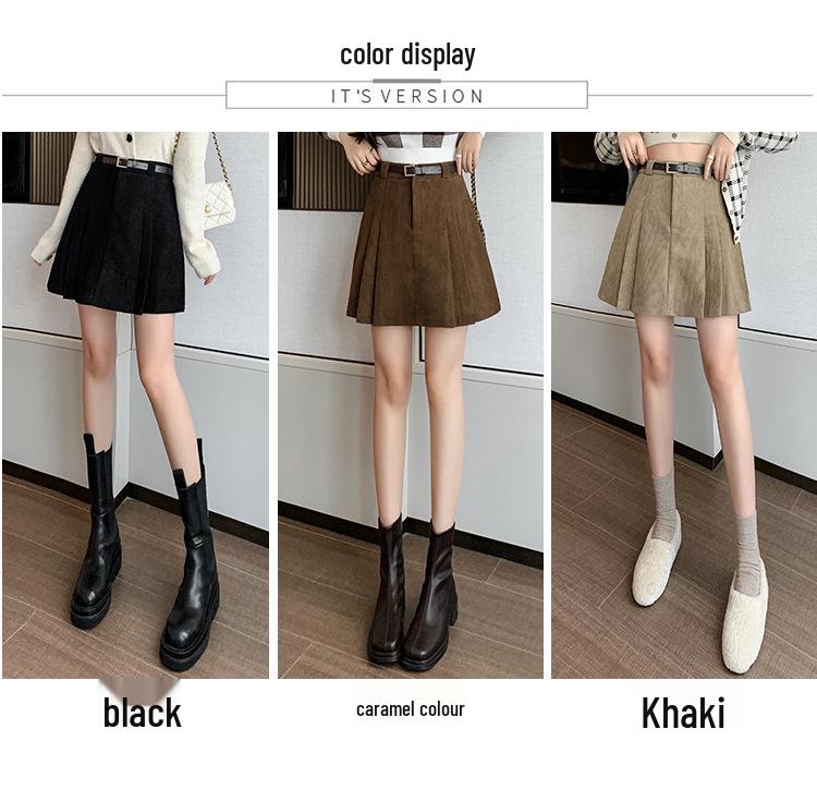 Women's High-Waisted Corduroy Wool Pleated A-line Skirt with Anti-Exposure Shorts - 2025 Autumn/Winter Collection