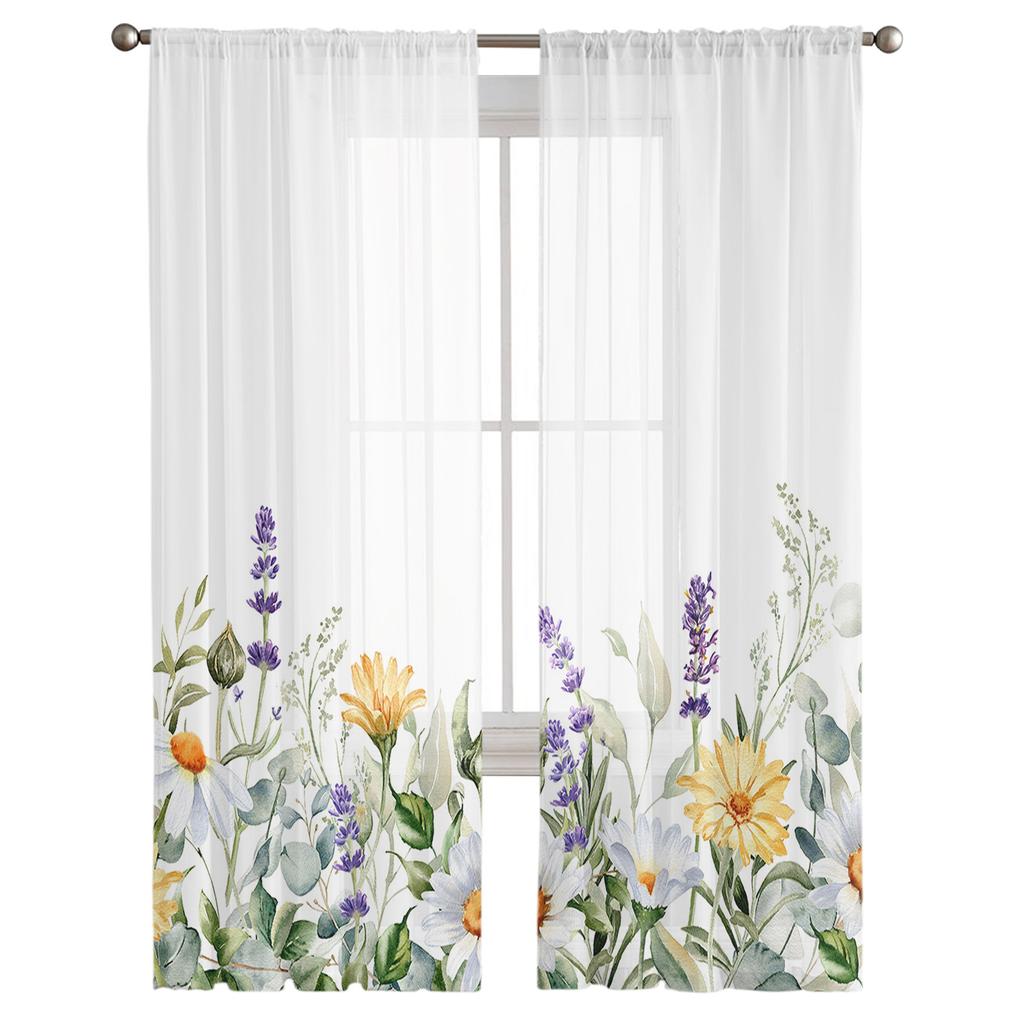 Spring Daisy Lavender Eucalyptus Tulle Curtains For Living Room Bedroom Voile Sheer Curtain Window Home Decor Drapes