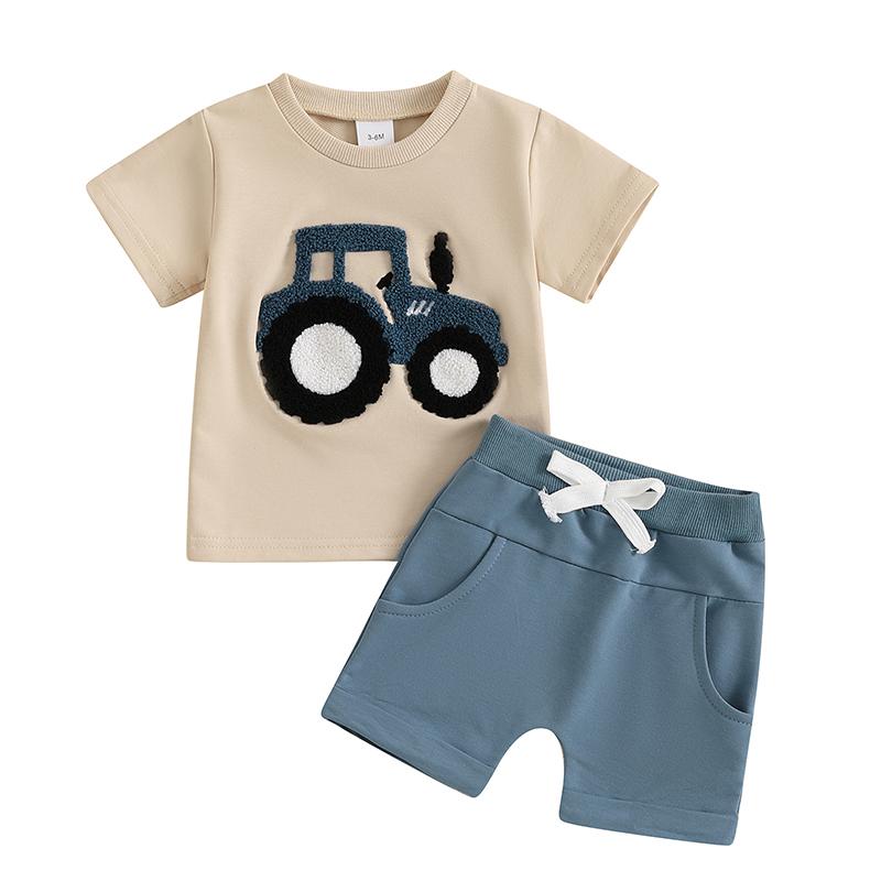 Tenues d'été pour garçons T-shirts à col rond et manches courtes brodés de camions Short à taille élastique Ensemble de 2 pièces