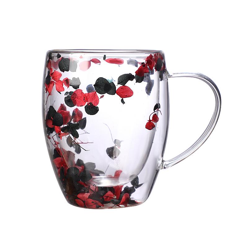 Elegante doppelwandige hitzebeständige Tasse aus Blütenblattglas - Design mit echten Blumen
