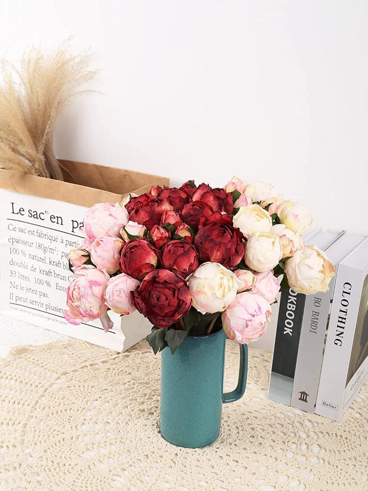 2 ramos de peonías vintage con flores de seda de tallo largo para decoración de bodas, ramo de novia, flores artesanales, arreglo floral